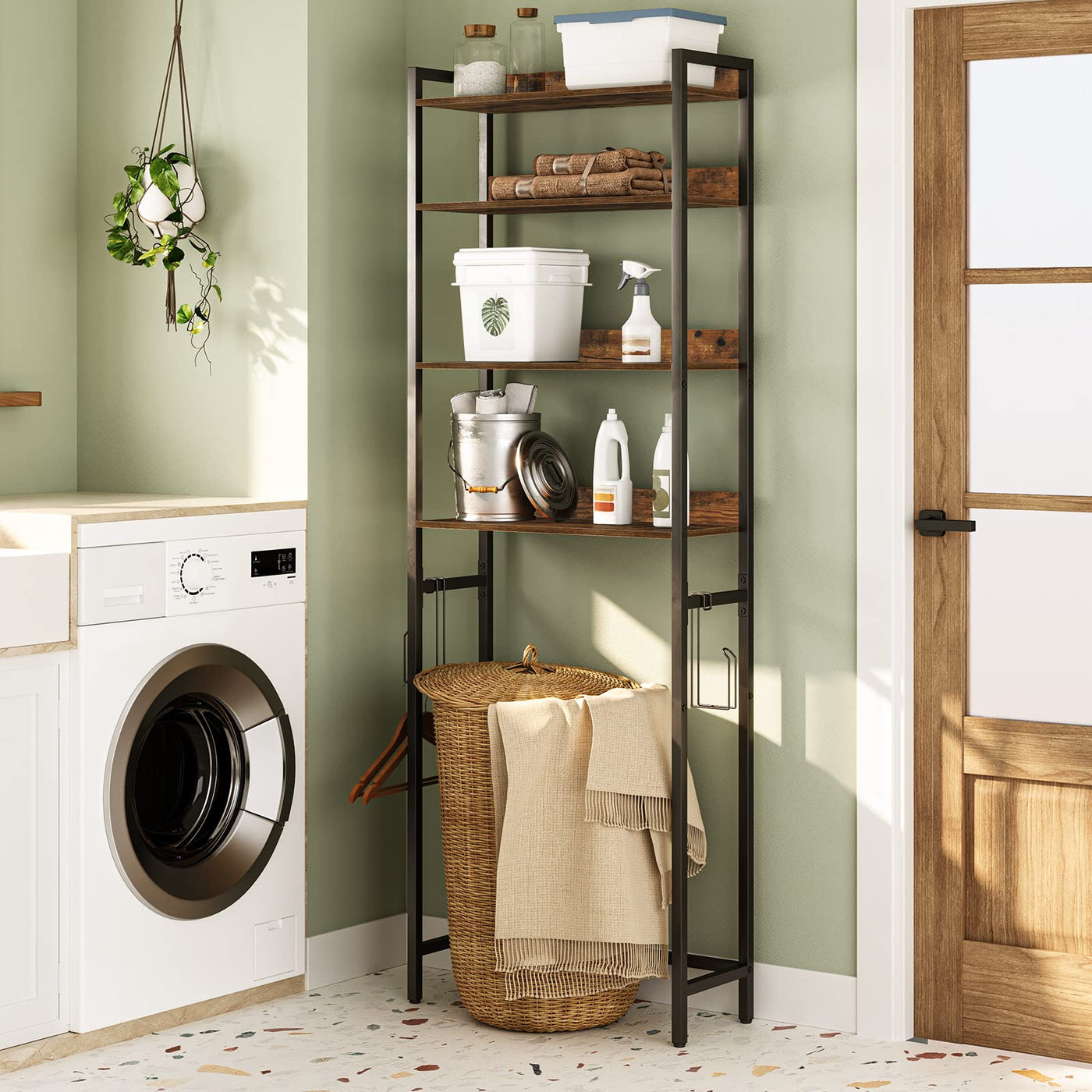 MAHANCRIS 4 Tier Over The Toilet Storage Rack Bathroom Organizer With Hooks