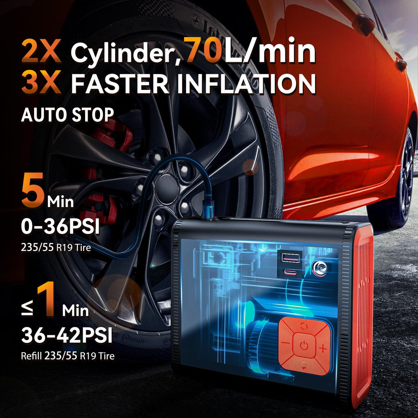 ZUZEE Portable Tire Inflator 150 PSI Dual Cylinder 28000mAh Battery