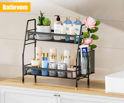 Bathroom Counter Organizer With Side Basket For Toiletries Storage