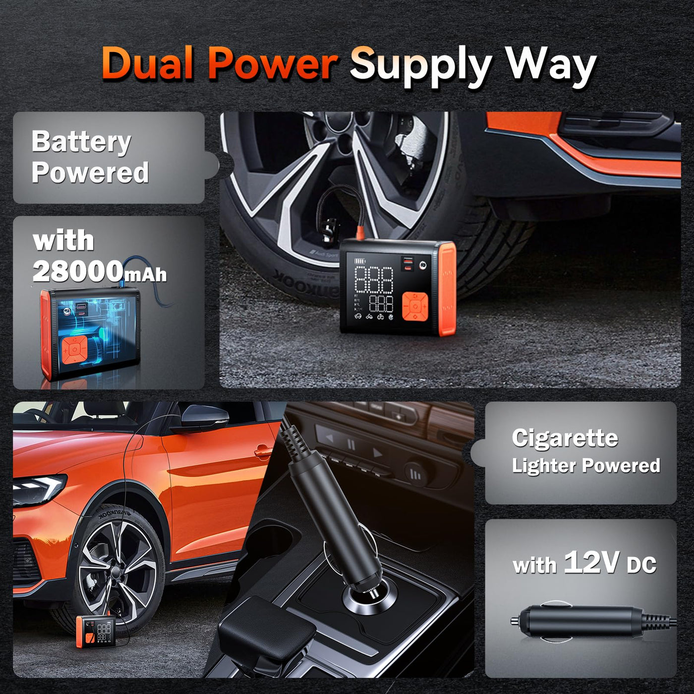 ZUZEE Portable Tire Inflator 150 PSI Dual Cylinder 28000mAh Battery