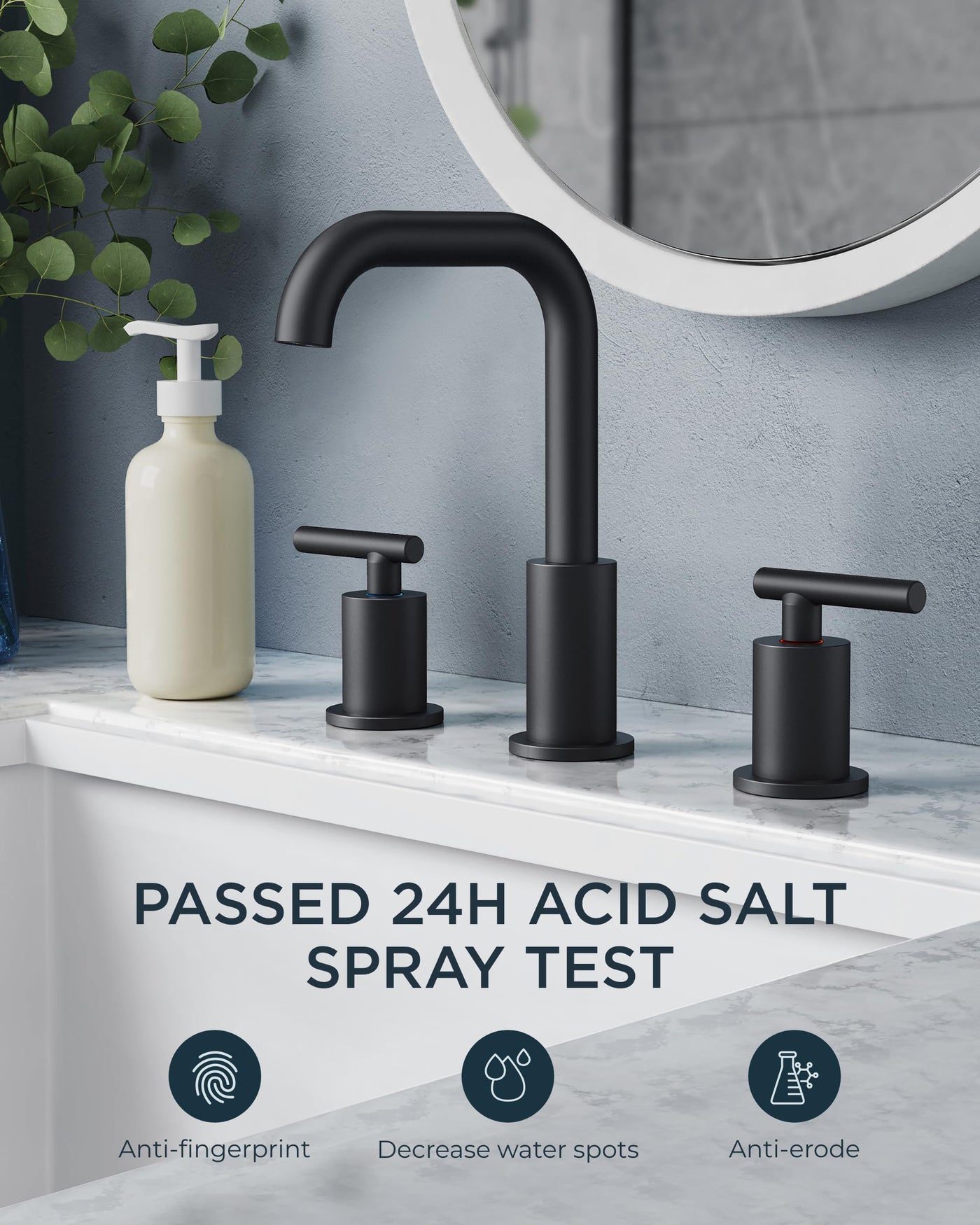 Matte Black Bathroom Faucet 3 Hole 8 Inch Widespread Design