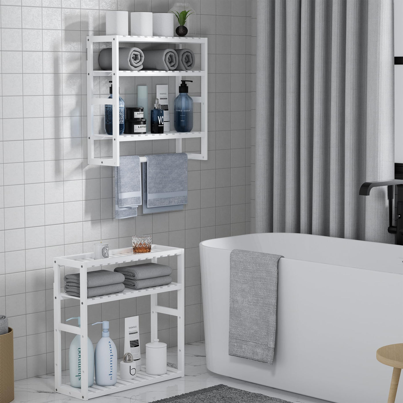 Bamboo Bathroom Towel Rack Over Toilet Storage Shelves With Bar