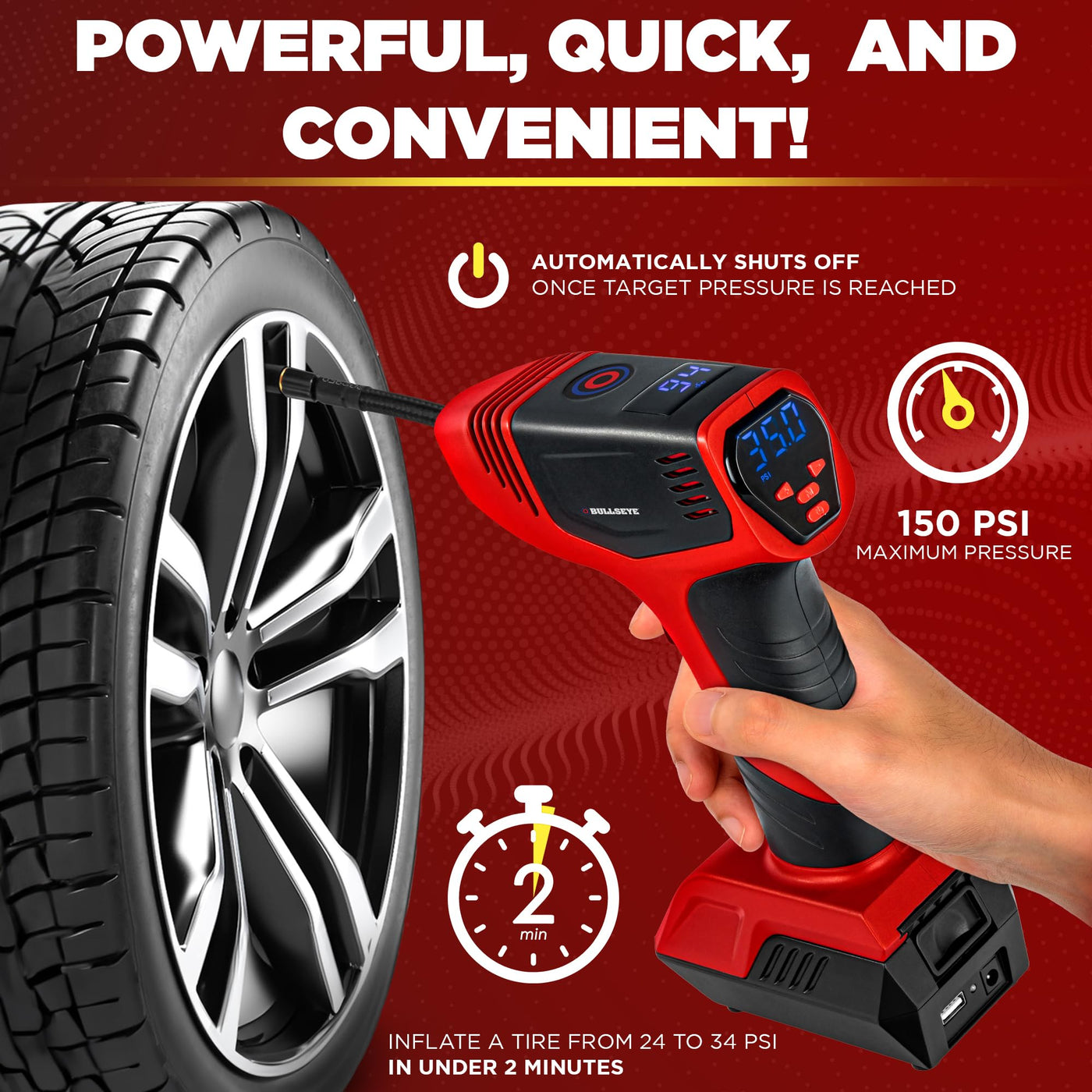 Bullseye Pro Max Portable Tire Inflator Air Compressor For Cars