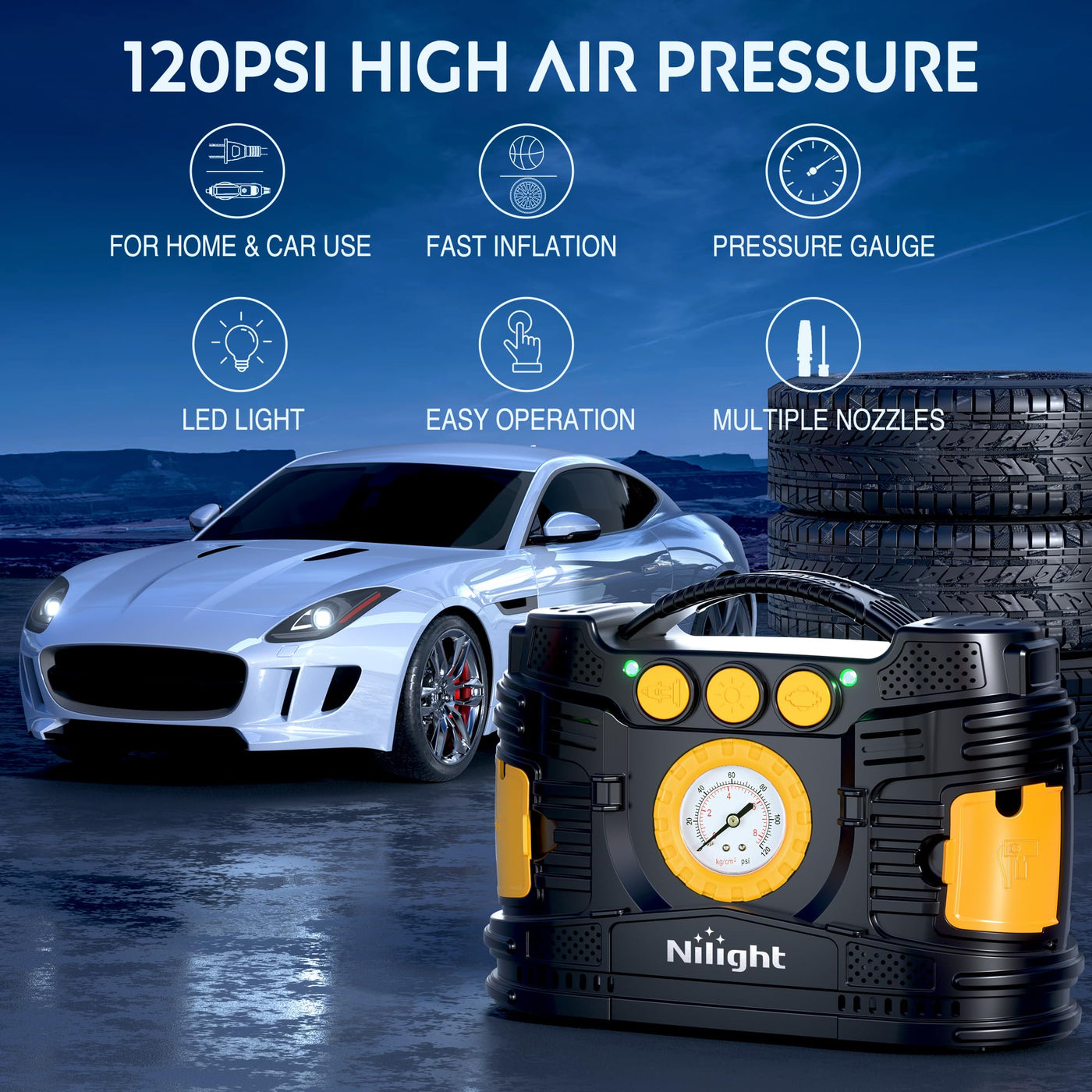 Nilight Portable Tire Inflator Air Compressor Dual Power 12V 110V
