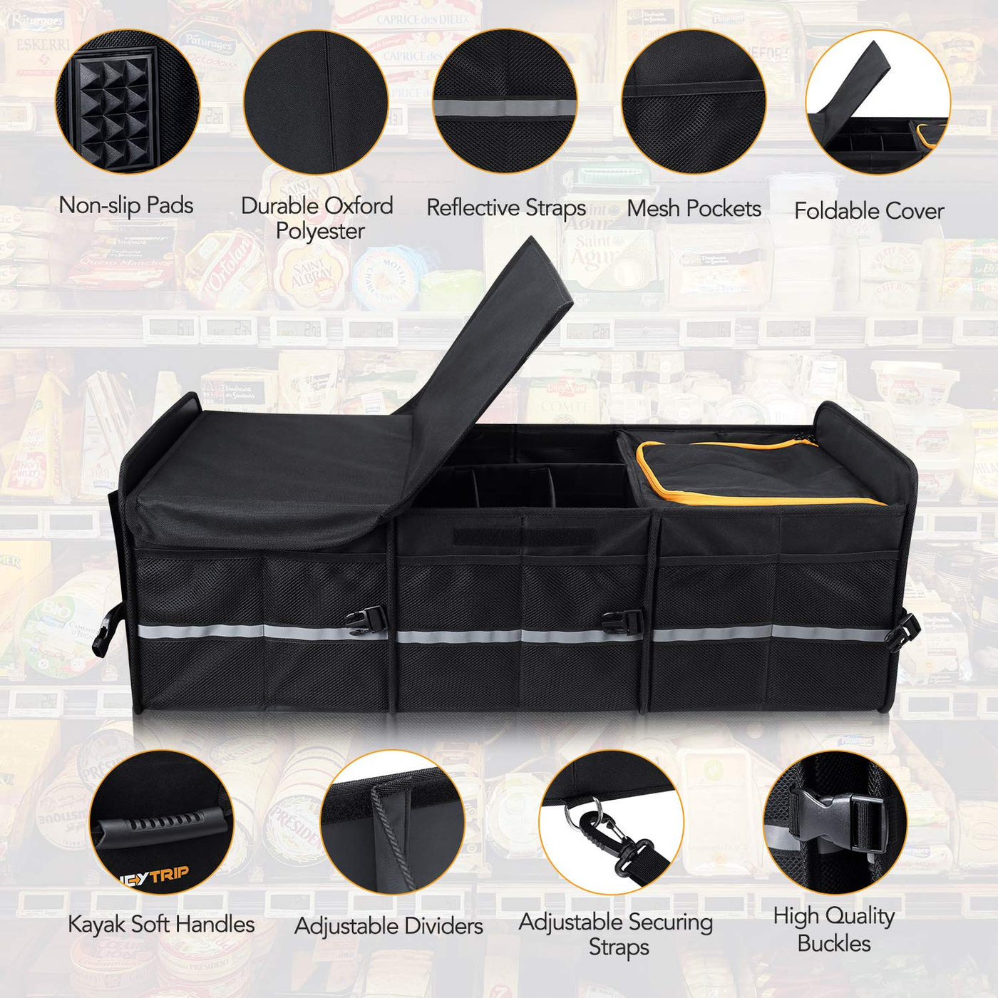 HEYTRIP Large Trunk Organizer With Cooler Bag Tie-Down Straps Dividers