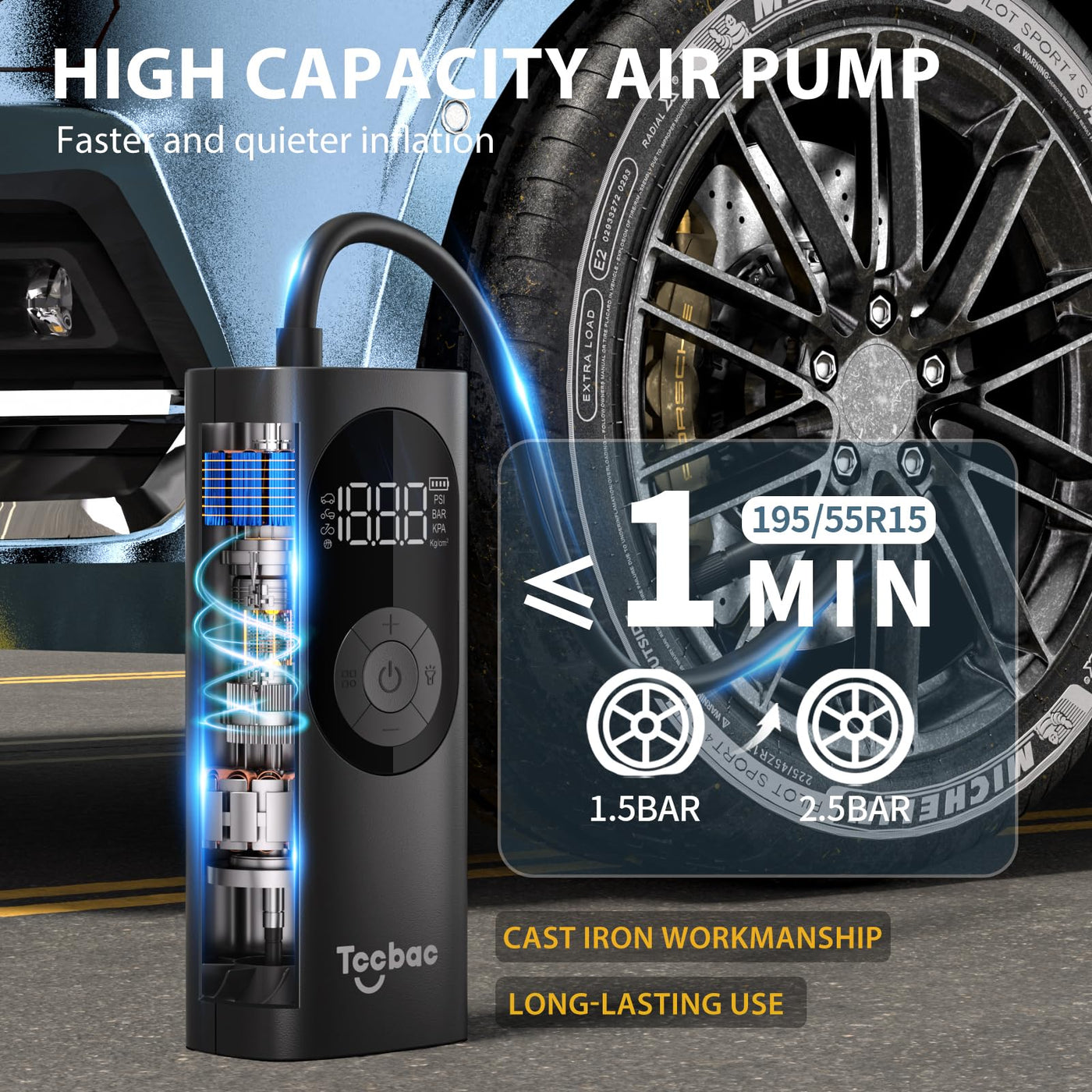 Tccbac Portable Tire Inflator Air Compressor With 150 PSI Gauge And LED Light