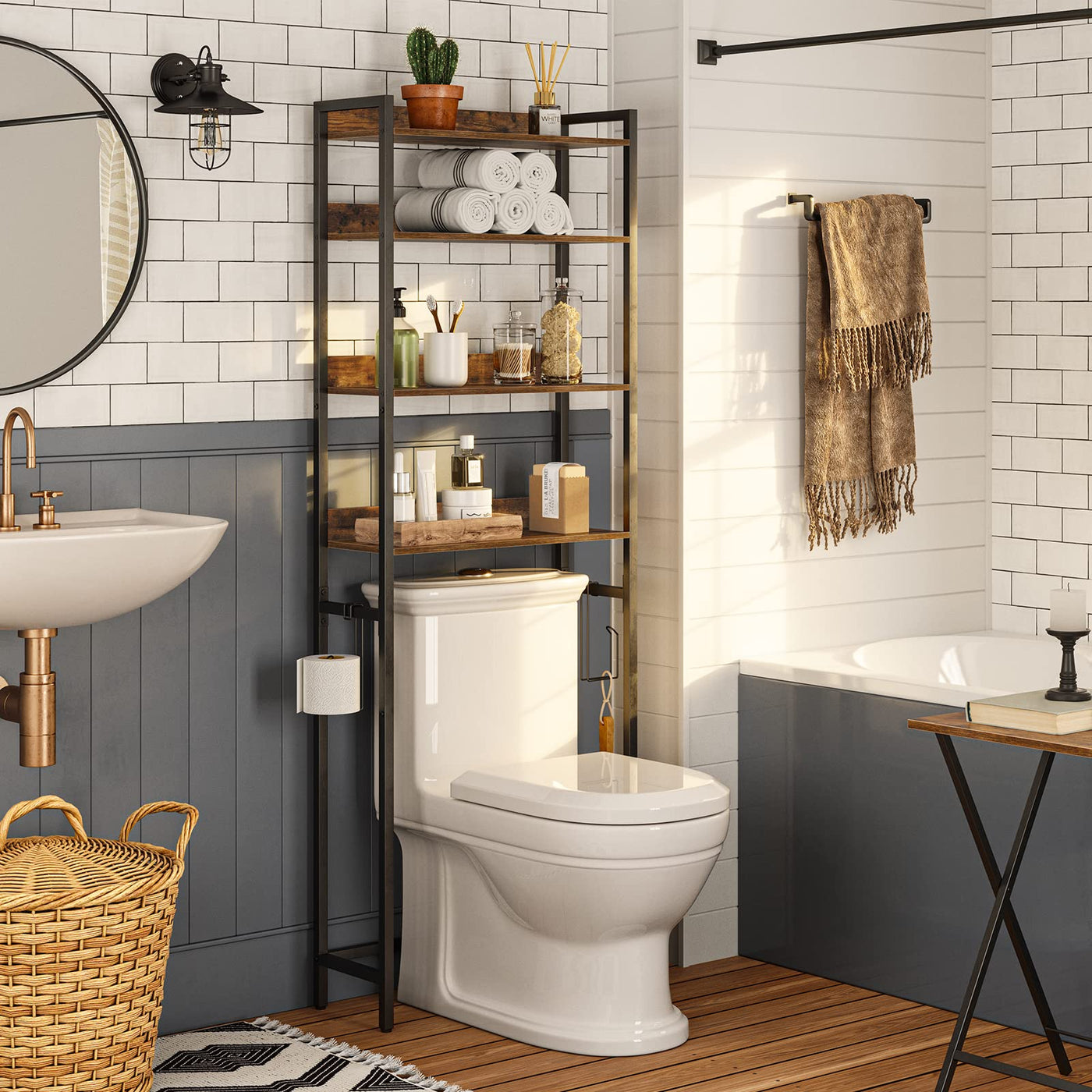 MAHANCRIS 4 Tier Over The Toilet Storage Rack Bathroom Organizer With Hooks