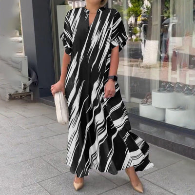 V-neck Shirt Dress Stripe Print Casual Elegant Summer Wear