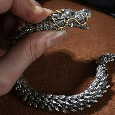 Dragon Head Sterling Silver Bracelet For Fortune And Good Luck