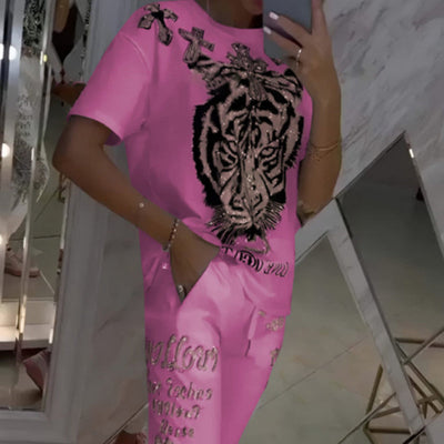 Casual Printed Top Drawstring Pants Set Comfortable 2-Piece Outfit