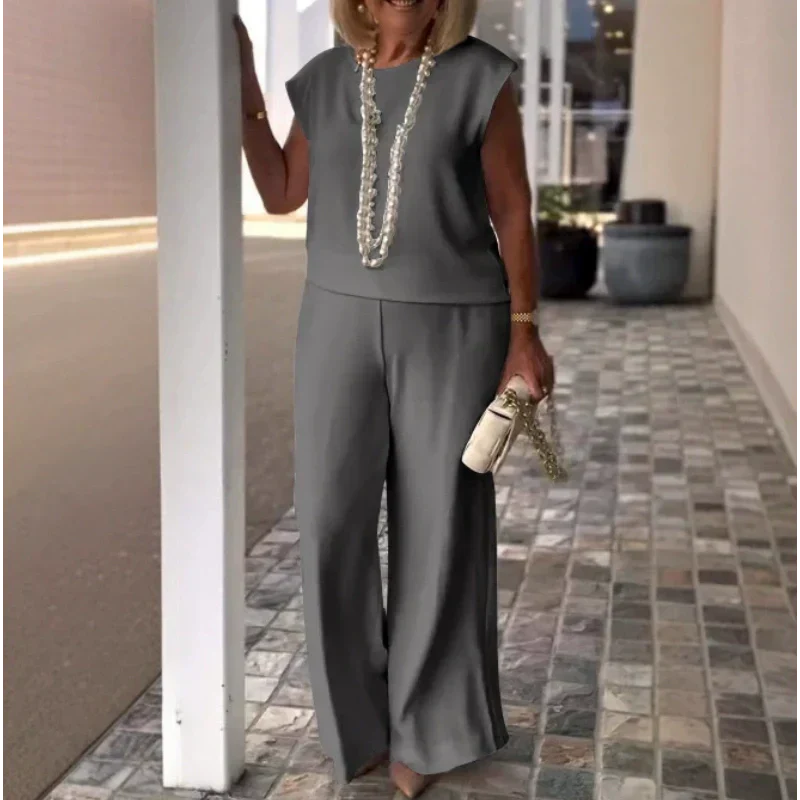 Women's Sleeveless Top And Pants Set Crew Neck Stylish Outfit