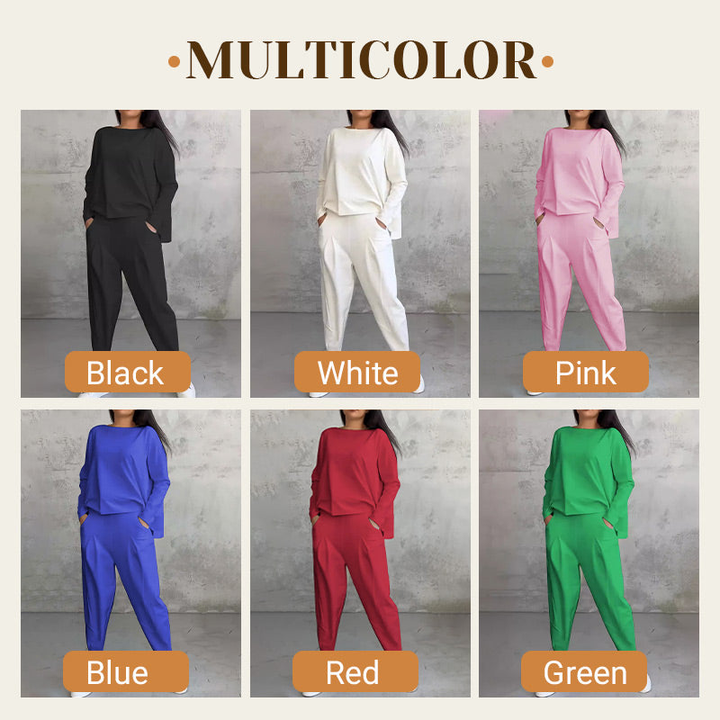 Round-Neck Long Sleeve 2-Piece Loungewear Set For Women