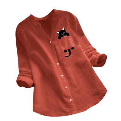 V-neck Long Sleeve Blouse With Cute Cat Print Design