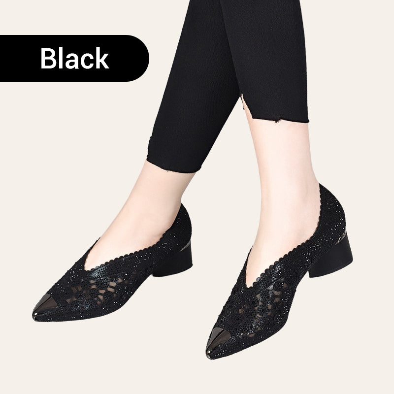 Hollow Mesh Sandals With Rhinestone And Chunky Heel For Women