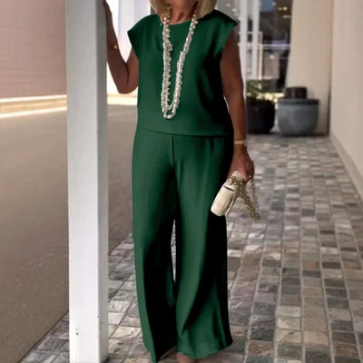 Women's Sleeveless Top And Pants Set Crew Neck Stylish Outfit