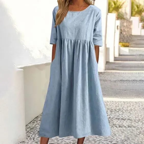 Women's Casual Cotton Dress Smocked Pocket Crew Neck Outdoor