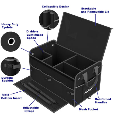 EPAuto 3-Compartment Car Trunk Organizer With Removable Lid Black