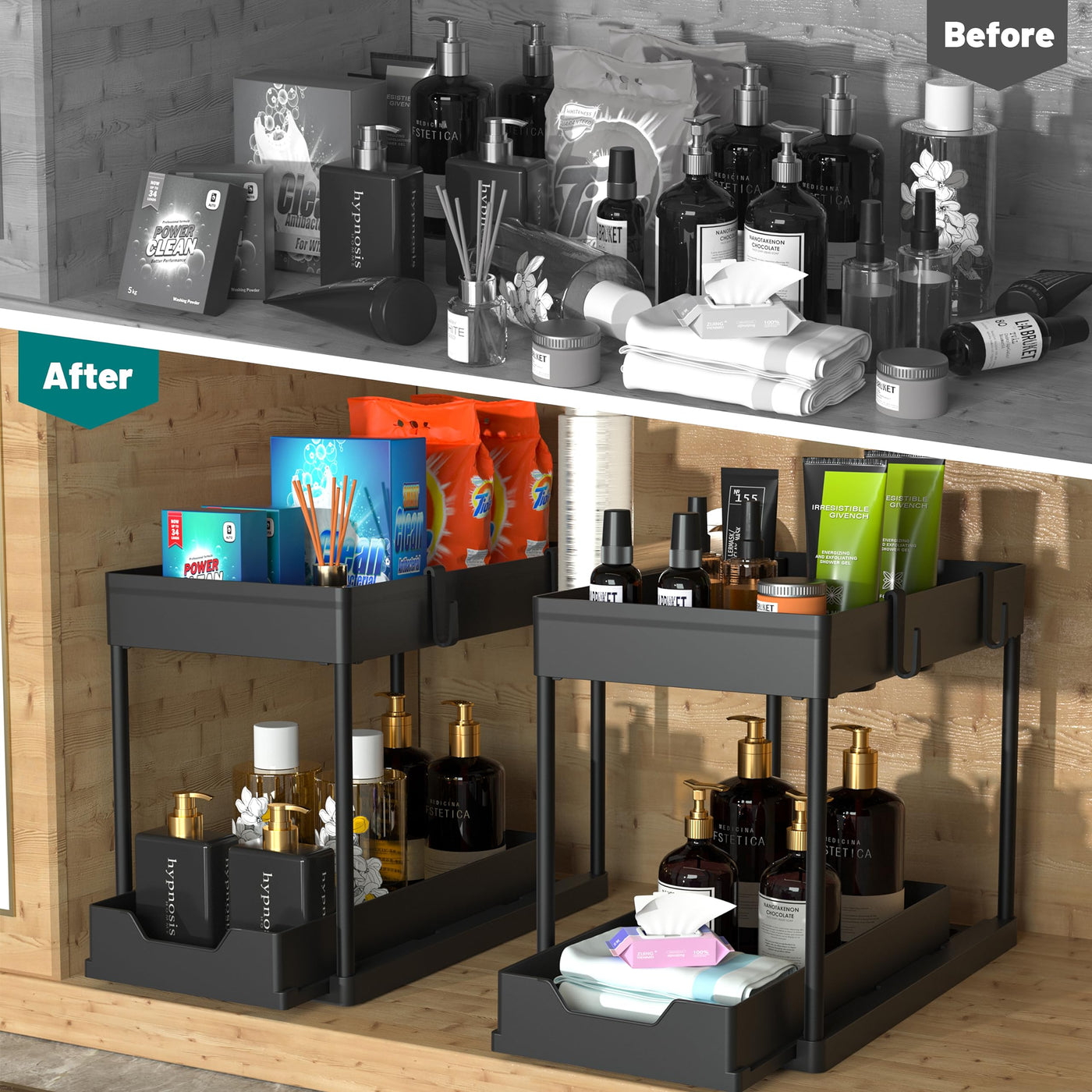 Bathroom Cabinet Organizer 2 Tier Sliding Basket Storage Rack