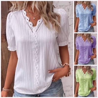 V Neck Lace Shirt Elegant Plain Stylish Women's Top