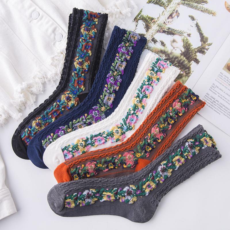 Vintage Embroidered Floral Socks Elegant Comfortable Cotton Blend
