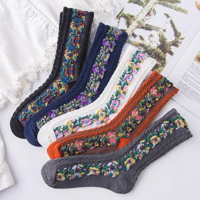 Vintage Embroidered Floral Socks Elegant Comfortable Cotton Blend