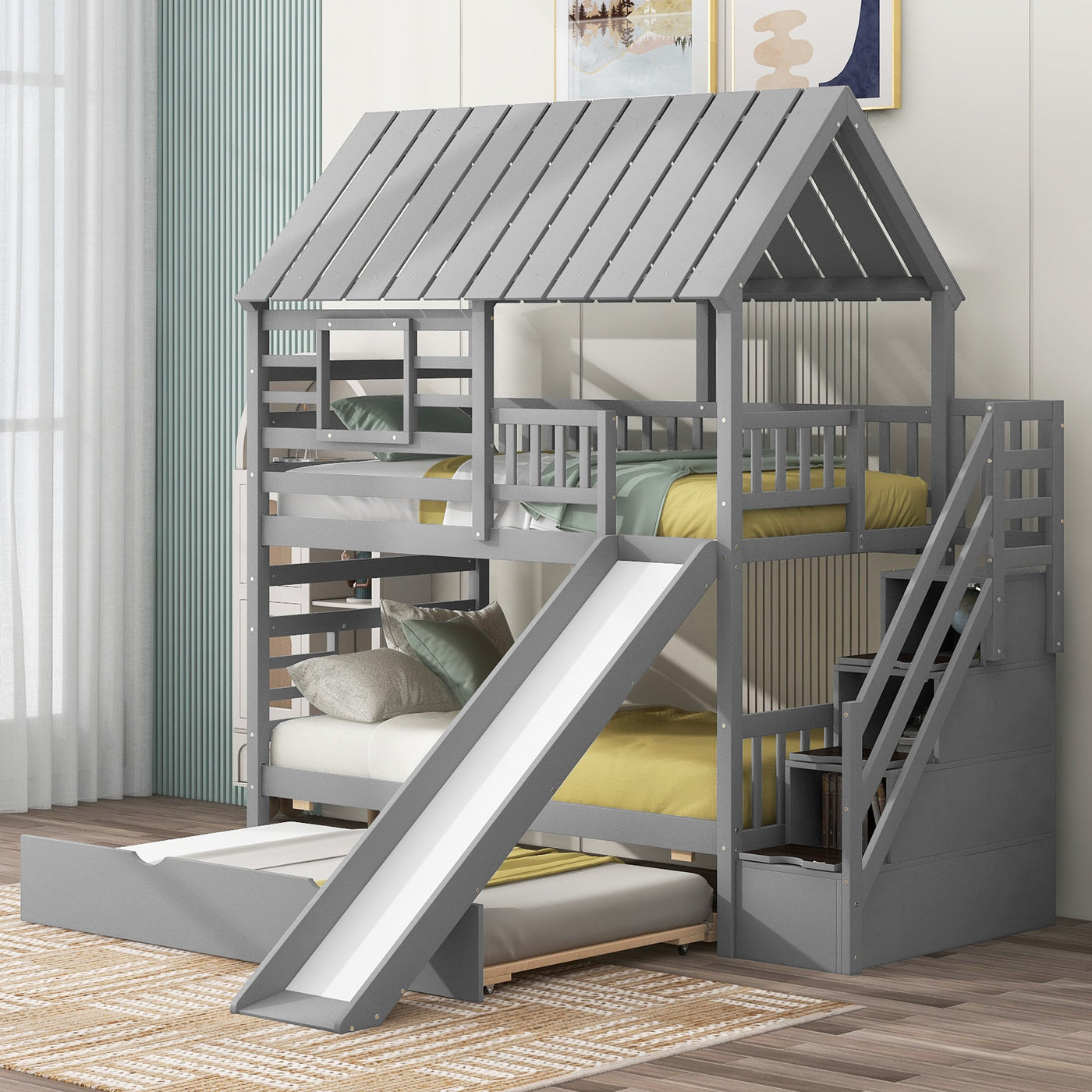 Twin House Bunk Bed With Roof Window Trundle Slide Storage Staircase