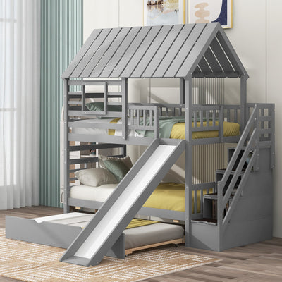 Twin House Bunk Bed With Roof Window Trundle Slide Storage Staircase