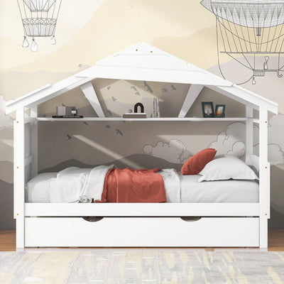 Twin Size Wood House Bed With Trundle And Storage Drawers