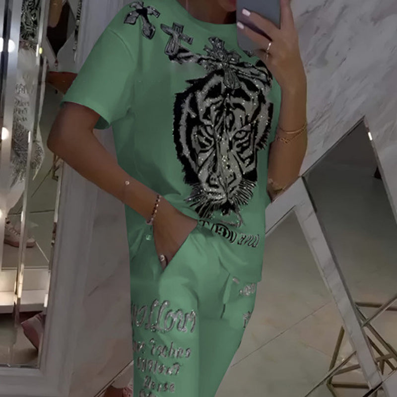 Casual Printed Top Drawstring Pants Set Comfortable 2-Piece Outfit