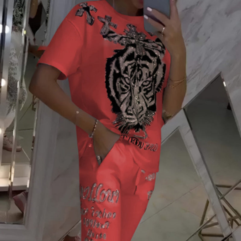 Casual Printed Top Drawstring Pants Set Comfortable 2-Piece Outfit