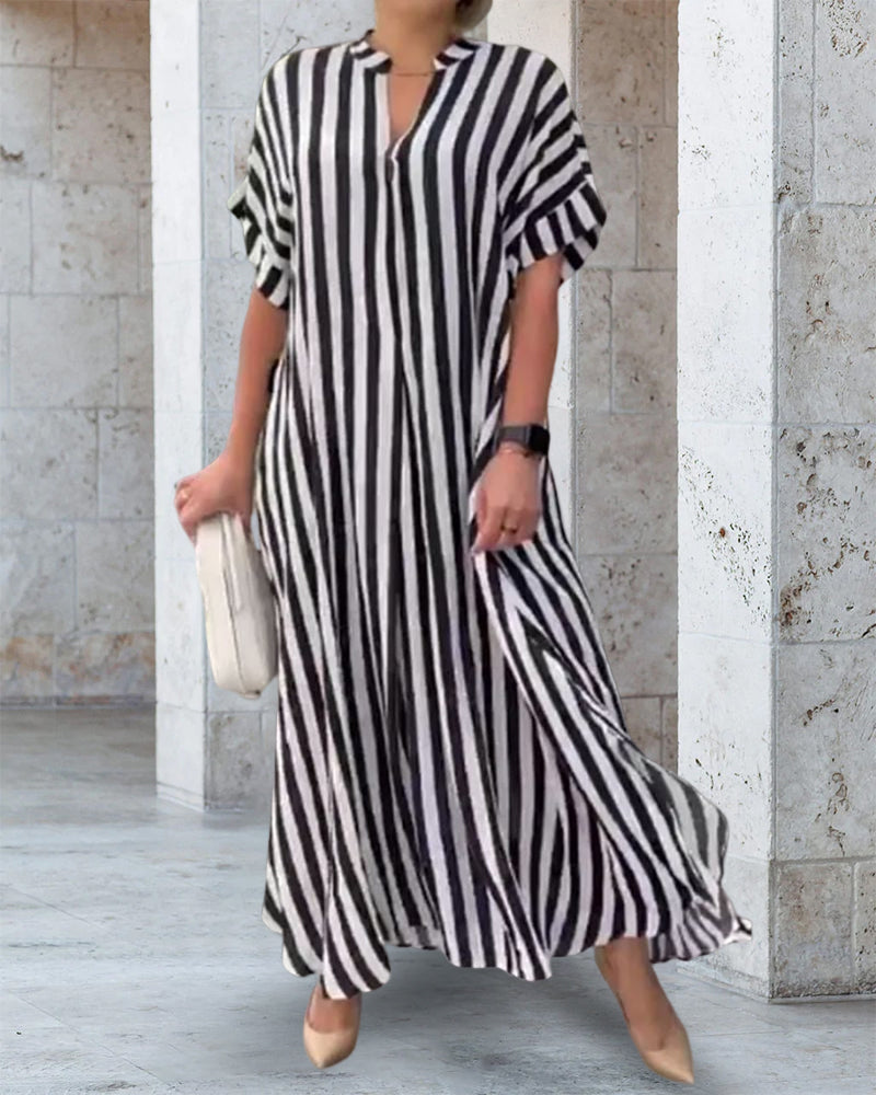 V-neck Shirt Dress Stripe Print Casual Elegant Summer Wear