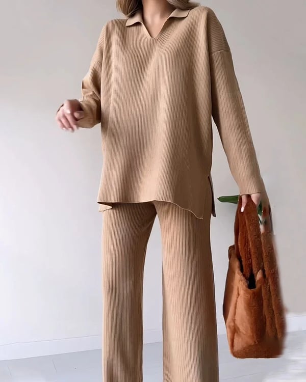V Neck Casual Slit Knitted Two Piece Set For Women