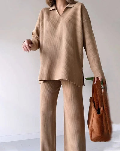 V Neck Casual Slit Knitted Two Piece Set For Women