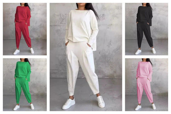 Round-Neck Women's Two-Piece Lounge Set Long Sleeve Top Pants