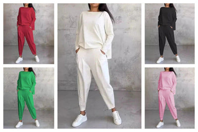 Round-Neck Women's Two-Piece Lounge Set Long Sleeve Top Pants