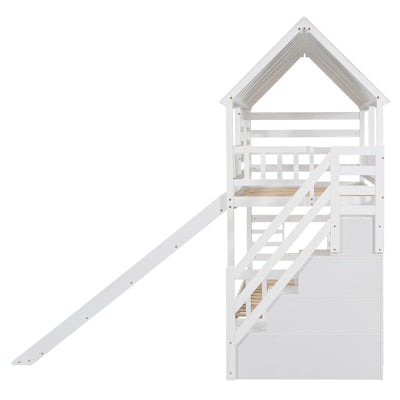 Twin House Bunk Bed With Roof Window Trundle Slide Storage Staircase