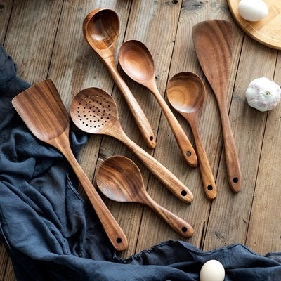 Teak Wooden Utensil Set 7-Piece Durable Kitchen Tools Collection