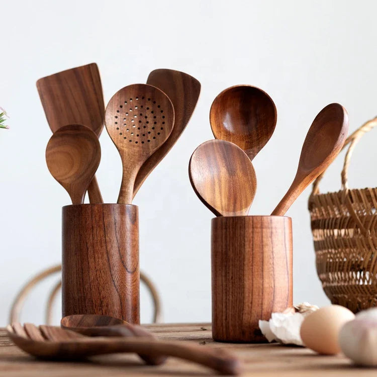 Teak Wooden Utensil Set 7-Piece Durable Kitchen Tools Collection