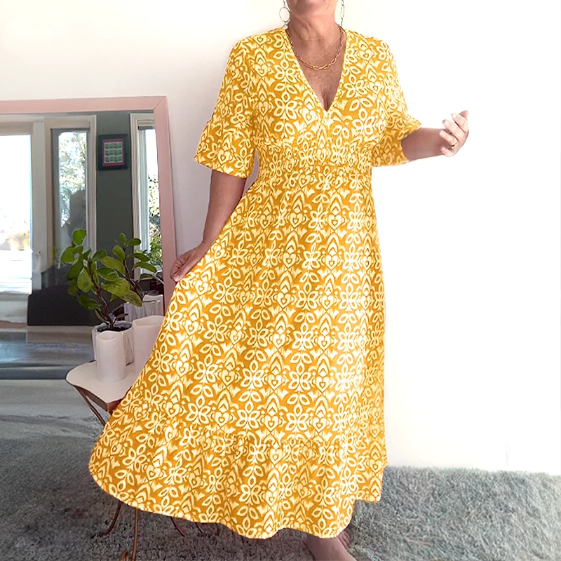 Bohemian Wrap Dress V-neck Waist Tie Casual Long Dress