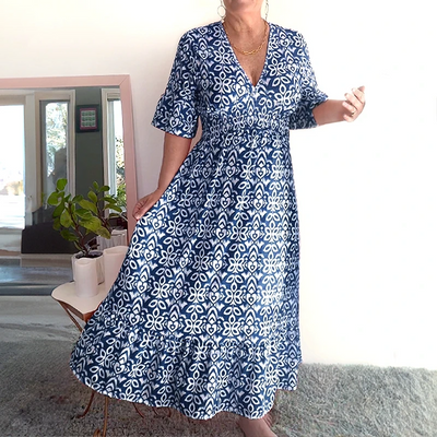 Bohemian Wrap Dress V-neck Waist Tie Casual Long Dress