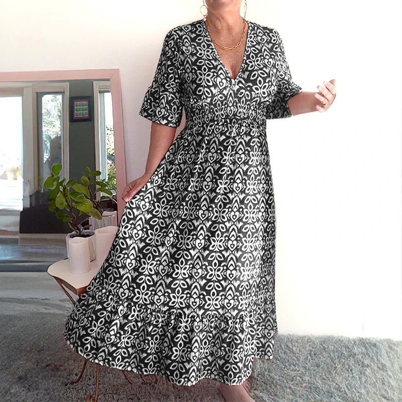 Bohemian Wrap Dress V-neck Waist Tie Casual Long Dress