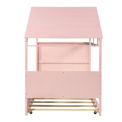 Twin Size Wood House Bed With Trundle And Storage Drawers