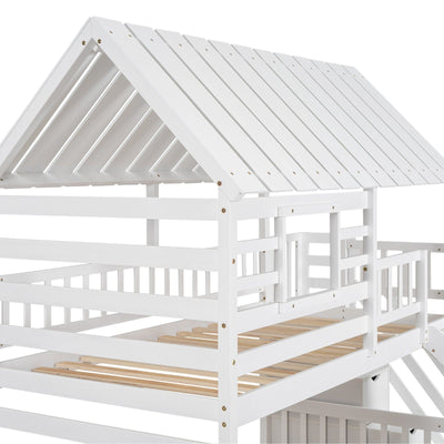 Twin House Bunk Bed With Roof Window Trundle Slide Storage Staircase