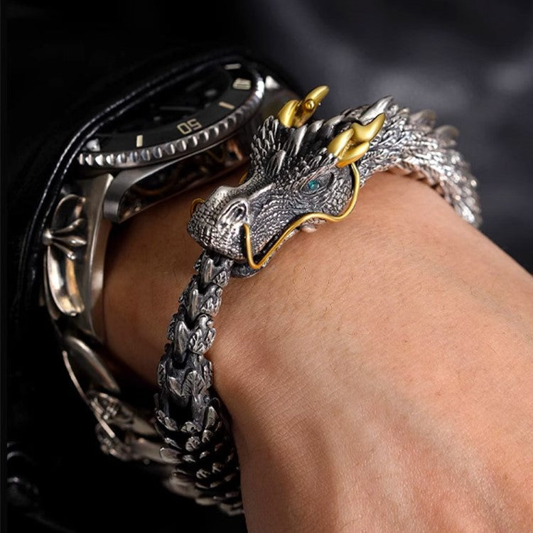 Dragon Head Sterling Silver Bracelet For Fortune And Good Luck