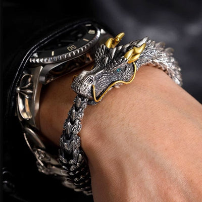 Dragon Head Sterling Silver Bracelet For Fortune And Good Luck