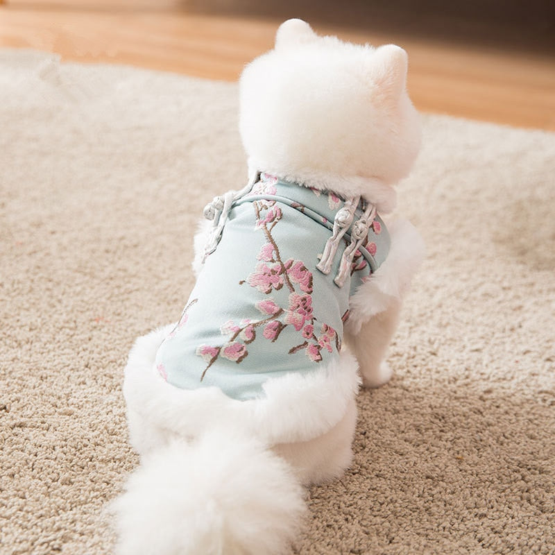 Floral Satin Pet Scarf Elegant Winter Cheongsam Dog Tang Suit