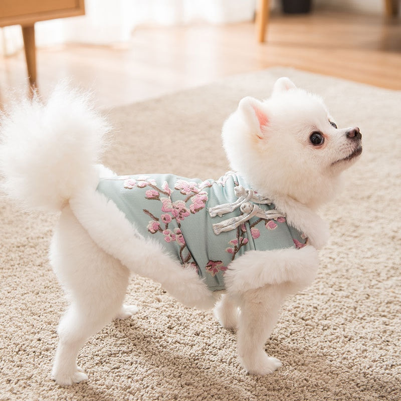 Floral Satin Pet Scarf Elegant Winter Cheongsam Dog Tang Suit