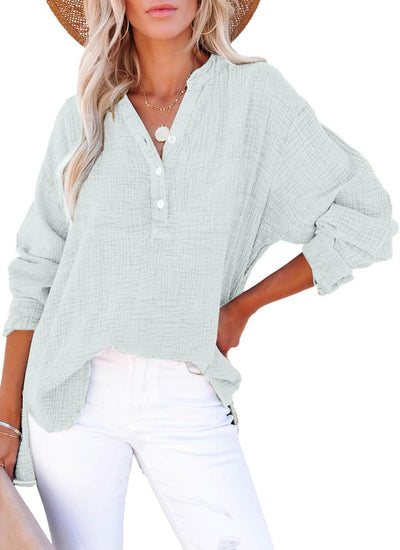 Womens Gauze Blouse Casual Button Neck Long Sleeve Oversized