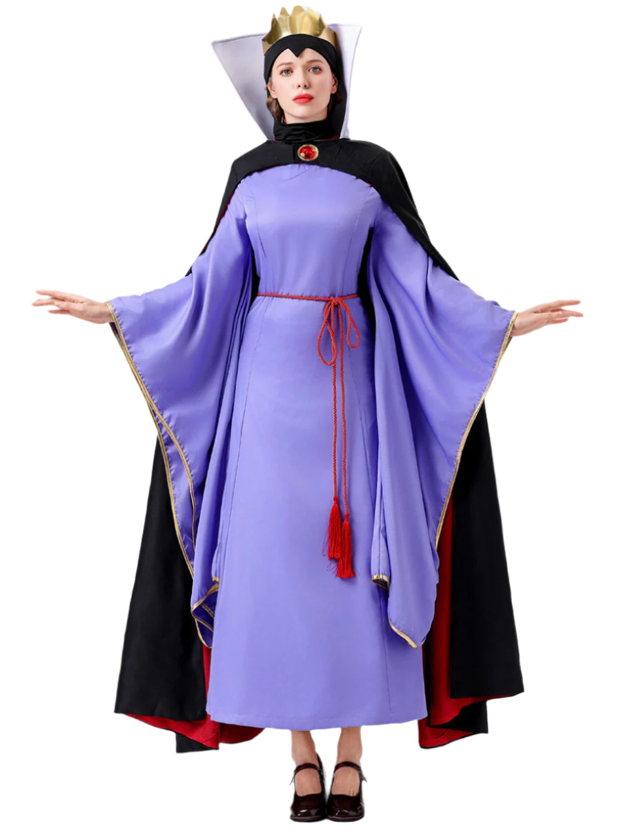 Women Queen Costume Purple Dress Black Cape Crown Full Set