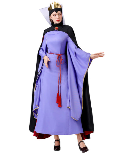 Women Queen Costume Purple Dress Black Cape Crown Full Set